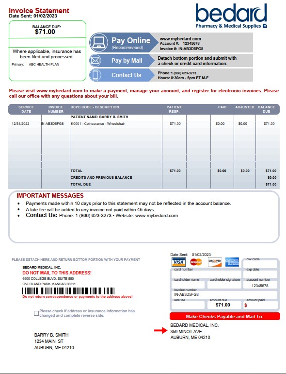 Example of a Bedard Medical Supplies statement with the account number highlighted.